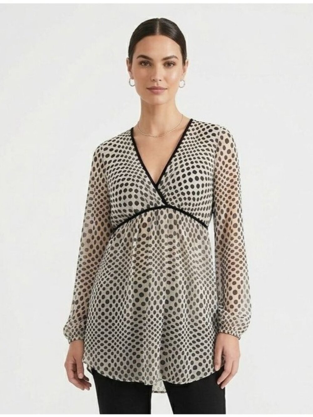 VTG Sheer Silk Polka Dot Babydoll Top‎ By Tramp Size L Black & White Long Sleeve